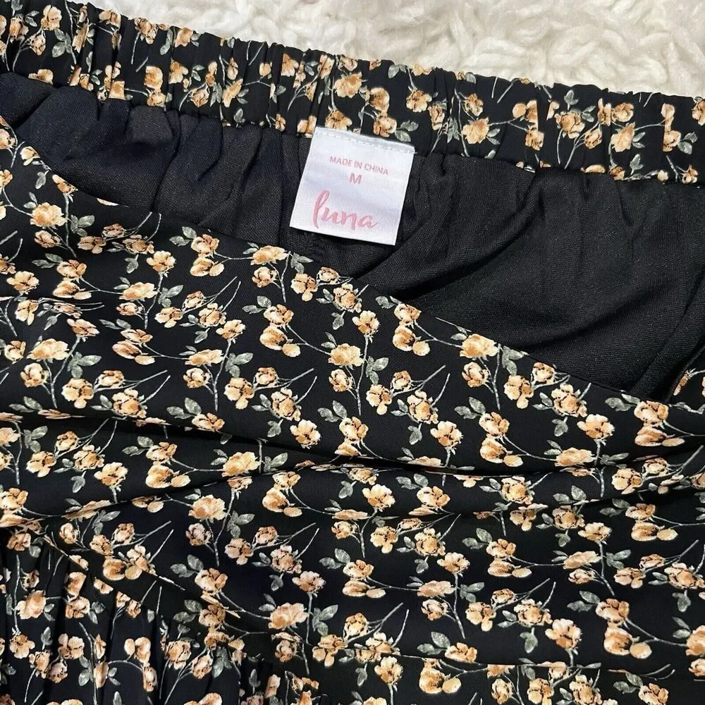 Luna Black Floral Tiered Midi‎ Skirt Womens Medium Elastic Waist Ruffle Boho